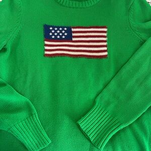 Ralph Lauren Green Crew Neck Sweater with American Flag